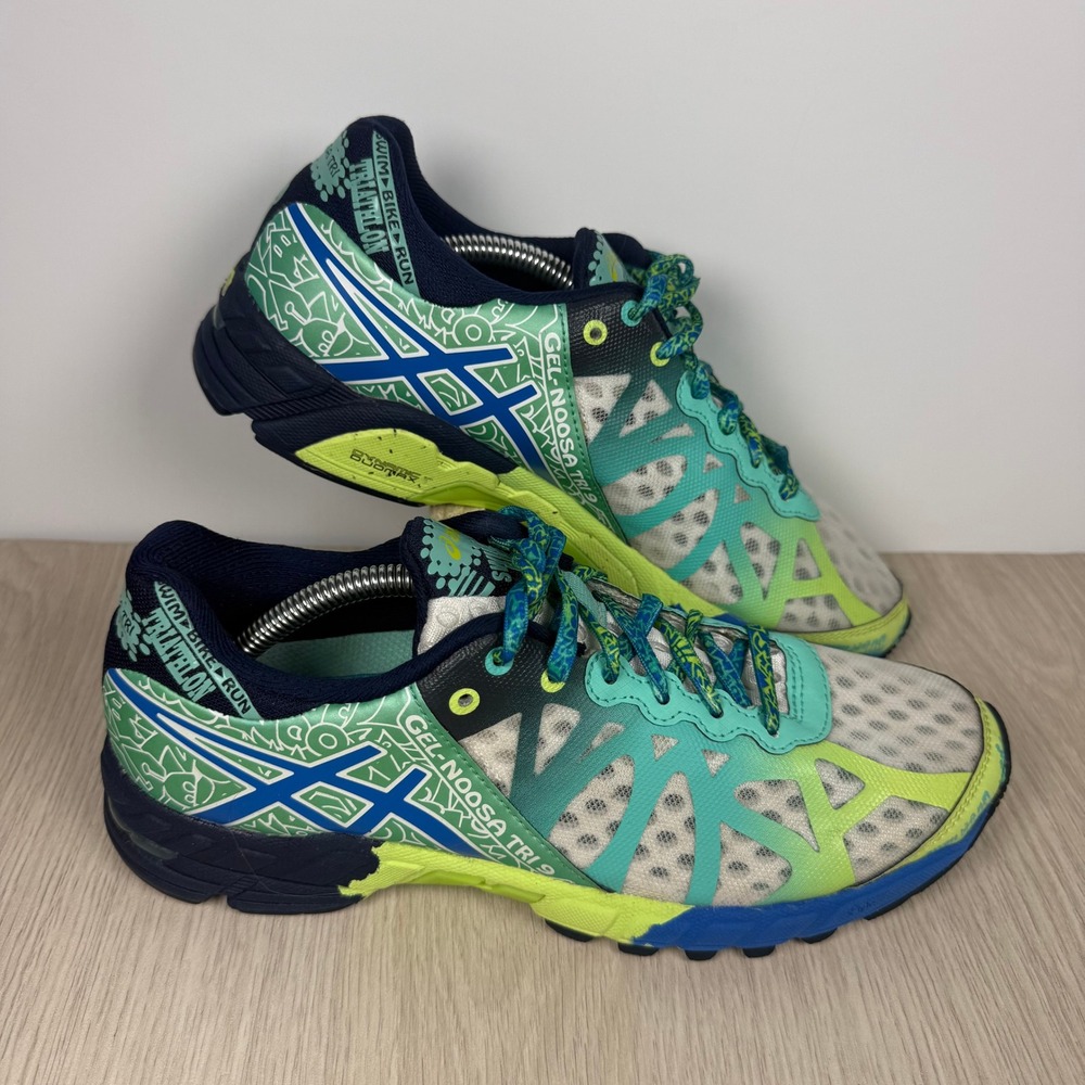 Running Shoes Asics Gel Noosa Tri 9 Womens Green Blue Yellow T458N Size 7